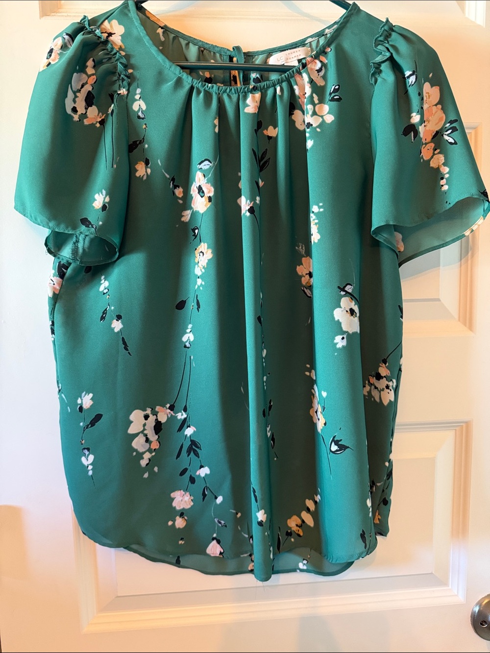 LC Lauren Conrad Teal Floral Flutter Sleeve Blouse
